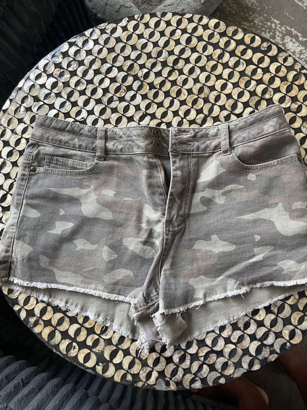 Vanilla Star Gray Camo Frayed Hem Jean Shorts